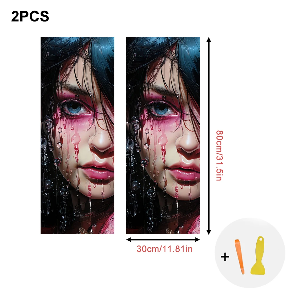 2Piece Car Interior Stickers - Crying Girl Design, Elastic Fabric Self-Adhesive, Car A-Pillar Restoration, Suitable for All Cars