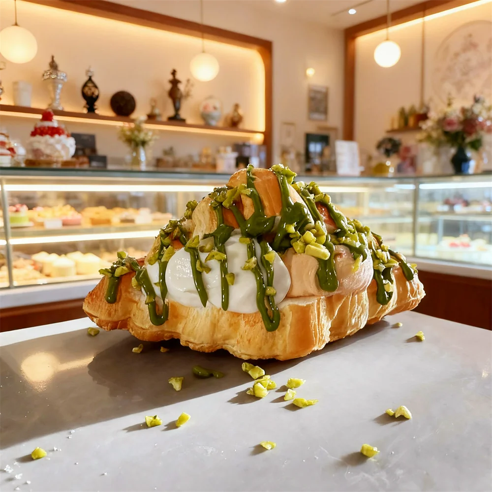 Big Plastic Croissant Sandwich with Pistachio Chocolate Cream Healthy Dubai Chocolate Crafts Non-edible Model Kitchenware Props