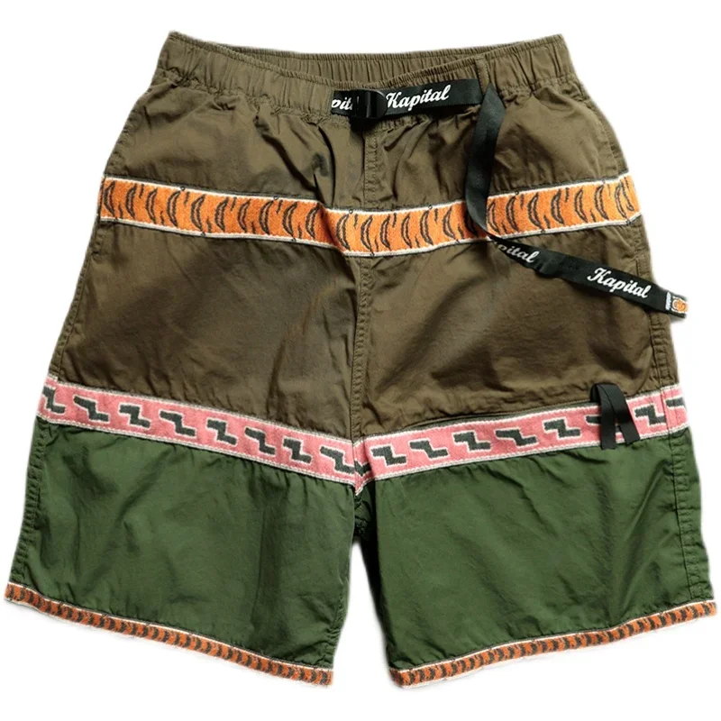 Non KAPITAL Hirata Hohiro Belt Color Matching Cotton Loose Men\'s Elastic Shorts Summer Japan Vintage Capris Annual Jia Brand