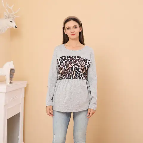 Spring and Autumn Pure Cotton Pregnant Women Fashion Leopard Pattern Round Neck Breastfeeding Pregnant Women Long Sleeve T-shirt