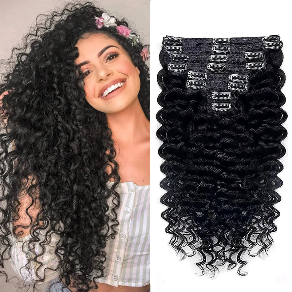 Clipes de onda profunda em extensões de cabelo, virgem brasileira, 100% cabelo humano, cor natural, cabelo remy, 8 unid, 120g por conjunto, 10-24 em