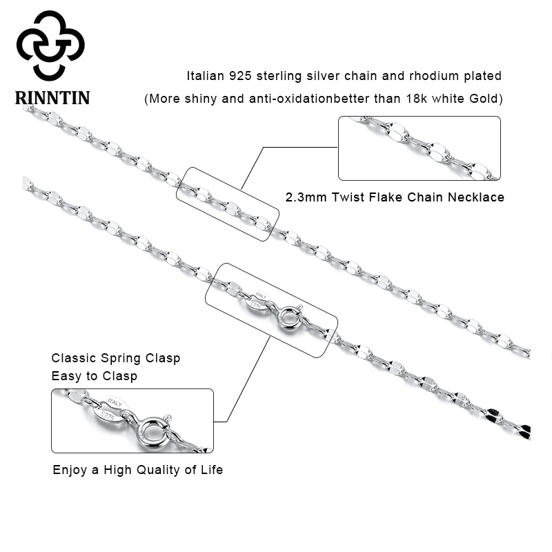 Rinntin Solid 925 Sterling Silver 2.3mm Twist Flake Chain Necklace for Women Fashion Handmade Basic Neck Chain Jewelry SC26