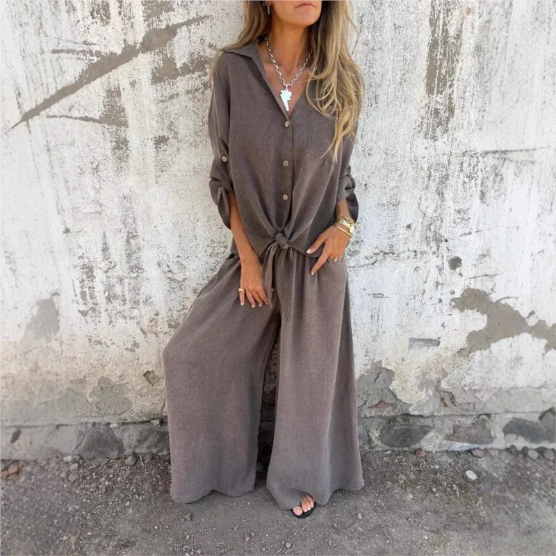 

Single Breasted Lapel Long Sleeved Cardigan Top+loose Pants Set Spring Summer Women Pants Two-piece Set Conjuntos De Pantalones