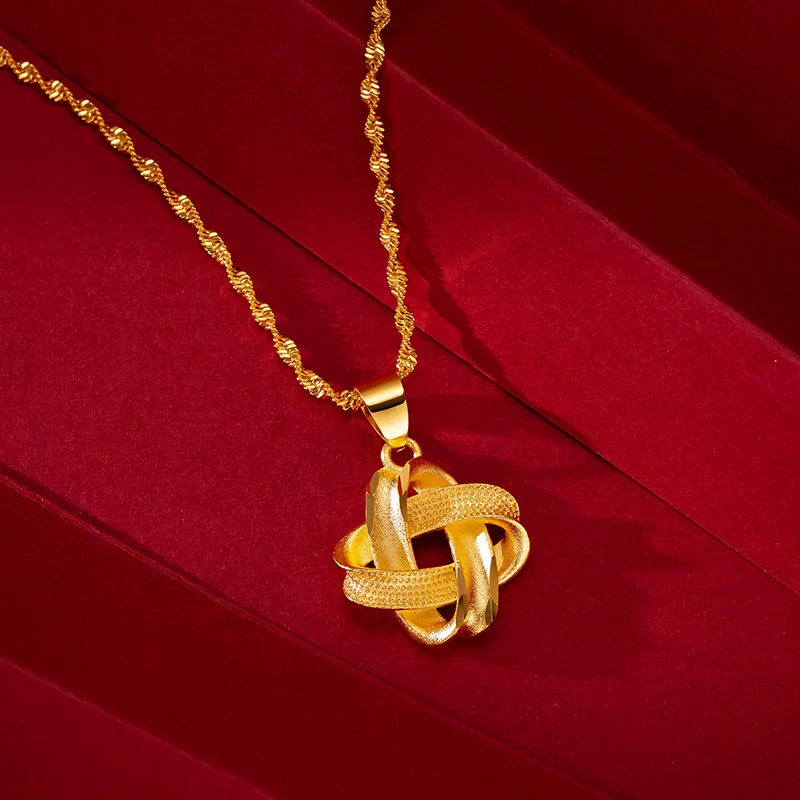 24k Real Gold 9999 Golden Women's Knot Pendant Four Leaf Clover Chinese Knot Necklace for Women Fine Jewelry