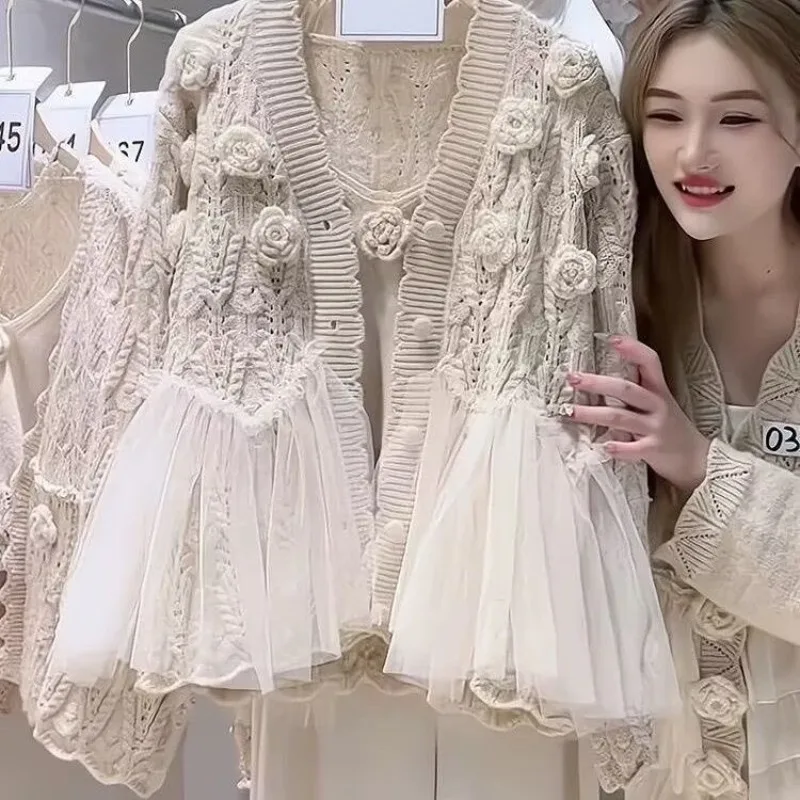Korean Fashion Design Knitted Cardigan Two-piece Set for Women Spring Autumn New Clothes Lazy Style Lace Patchwork Sweater Coats