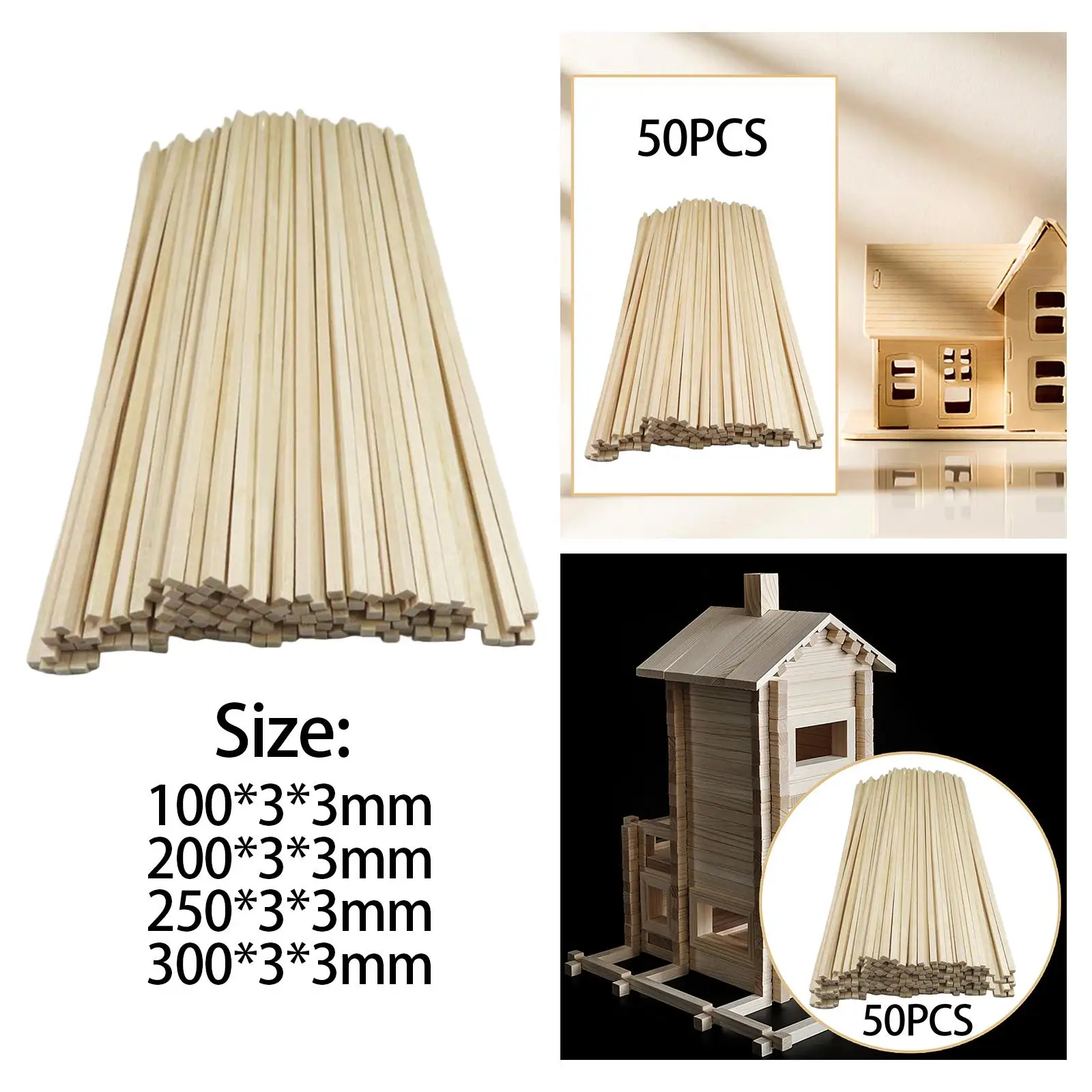 Square Wood Dowel Rods Unfinished Strips for Crafts Model Making Kids DIY Projects Home Decor