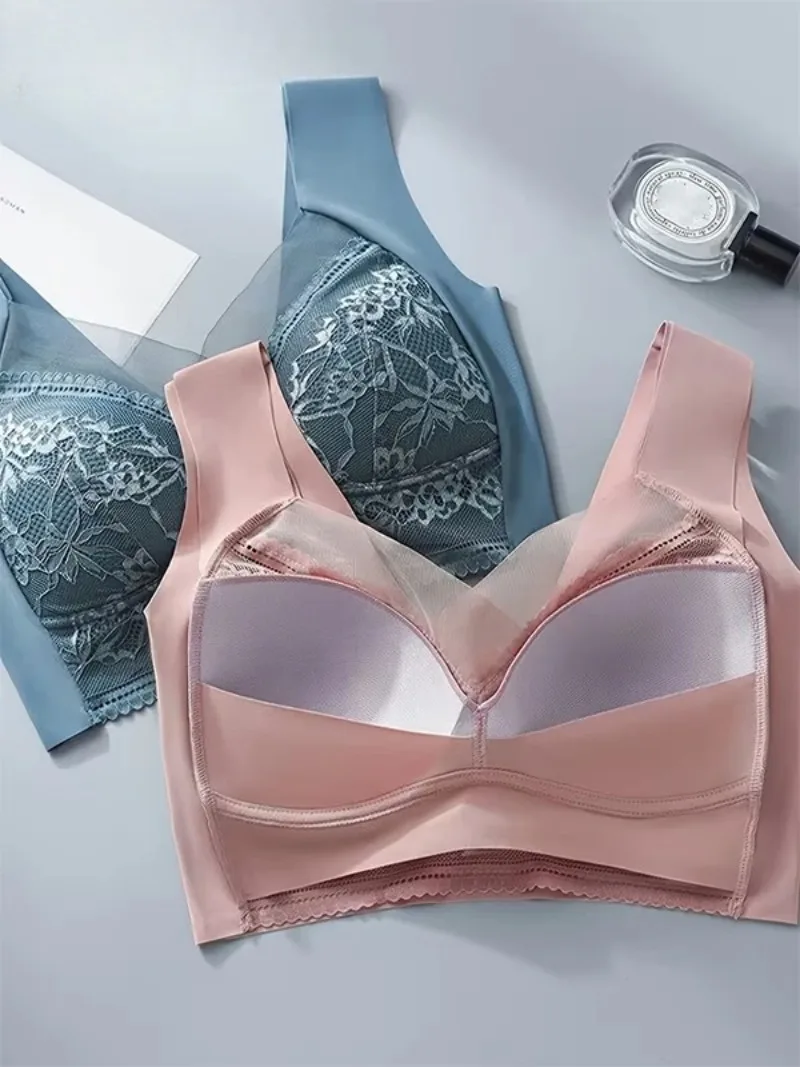 

4Pcs Set Women Lace Push Up Bra Deep V Ice Silk Sheer Bralette Sexy Lingerie Tops Plus Size Comfortable Underwear L to 5XL