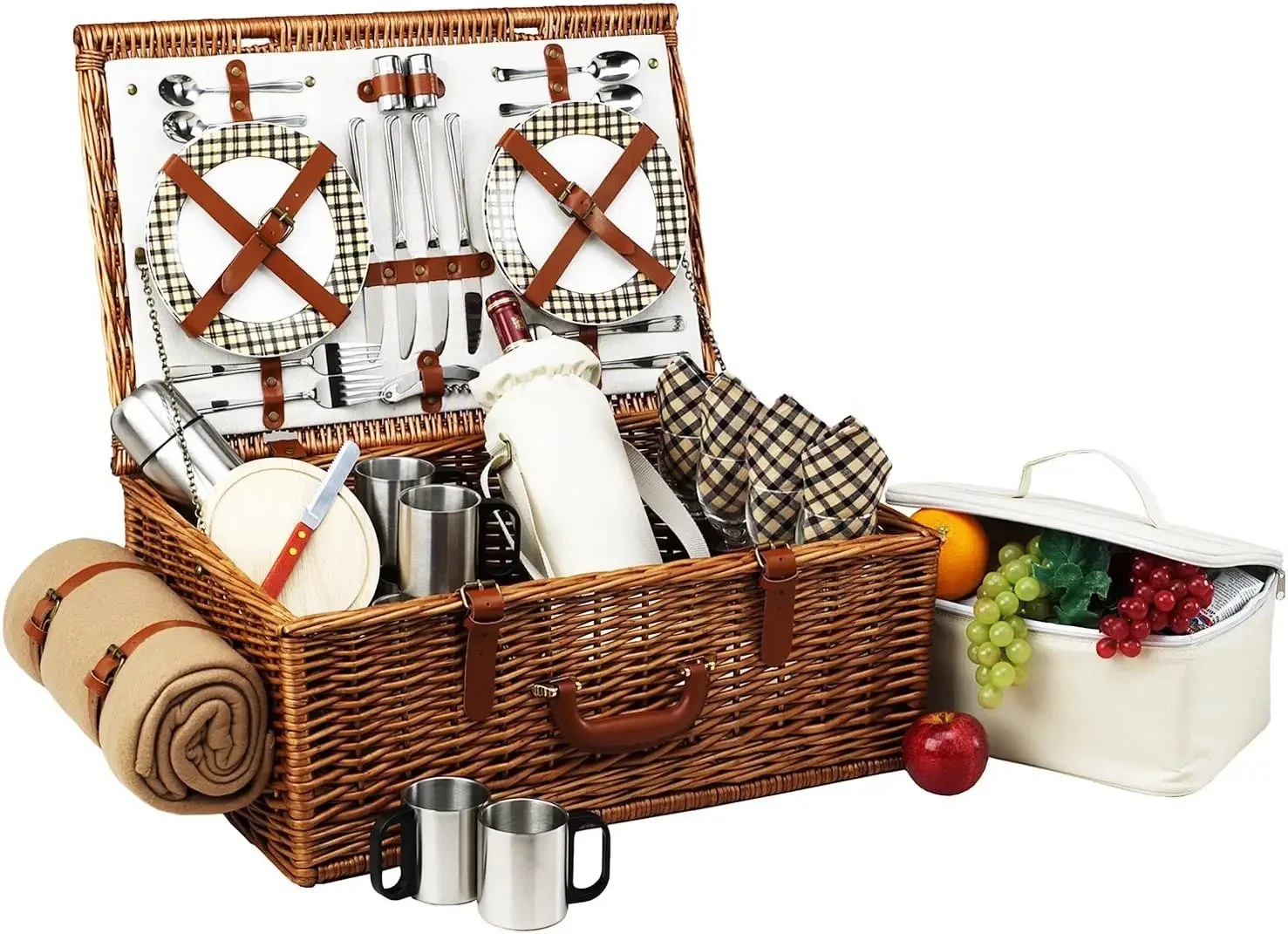 English-Style Willow Picnic Basket for 4 - Premium Coffee Set & Blanket - Designed & Quality Approved in the USA