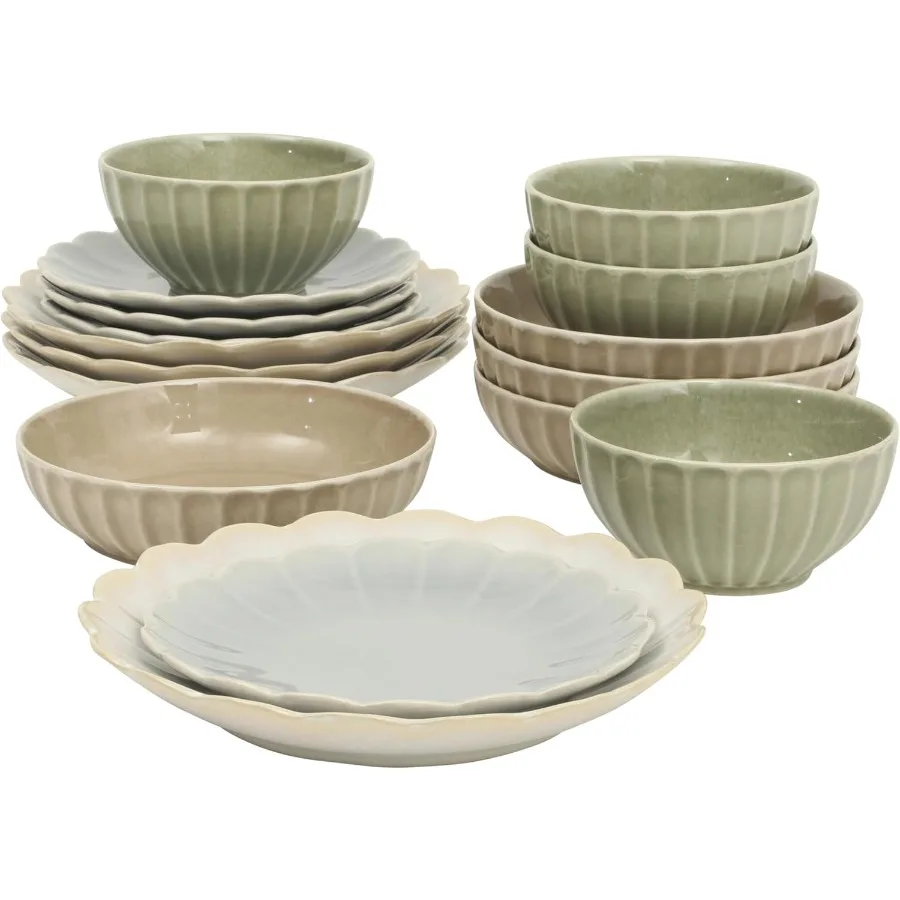 

Malibu Shore, 16-х предметная каменная посуда с гребешком, реактивная глазурь, сервис для 4 керамических тарелок и мисок, набор столовой посуды - разные цвета (