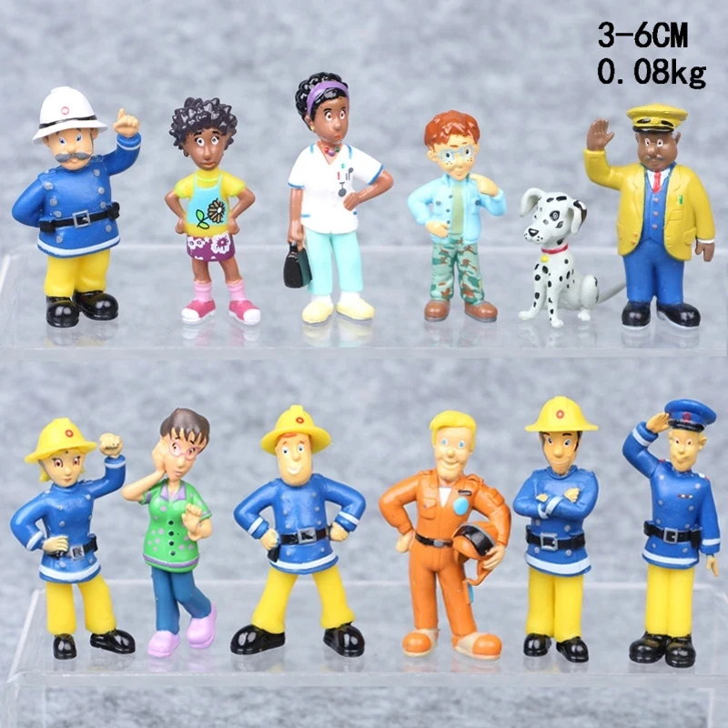 12Pcs/set Fireman Sam Cartoon Anime Fire Fighting Figure Model PVC Doll Toys Boy Girl Toy For Kids Birthday Xmas Gift