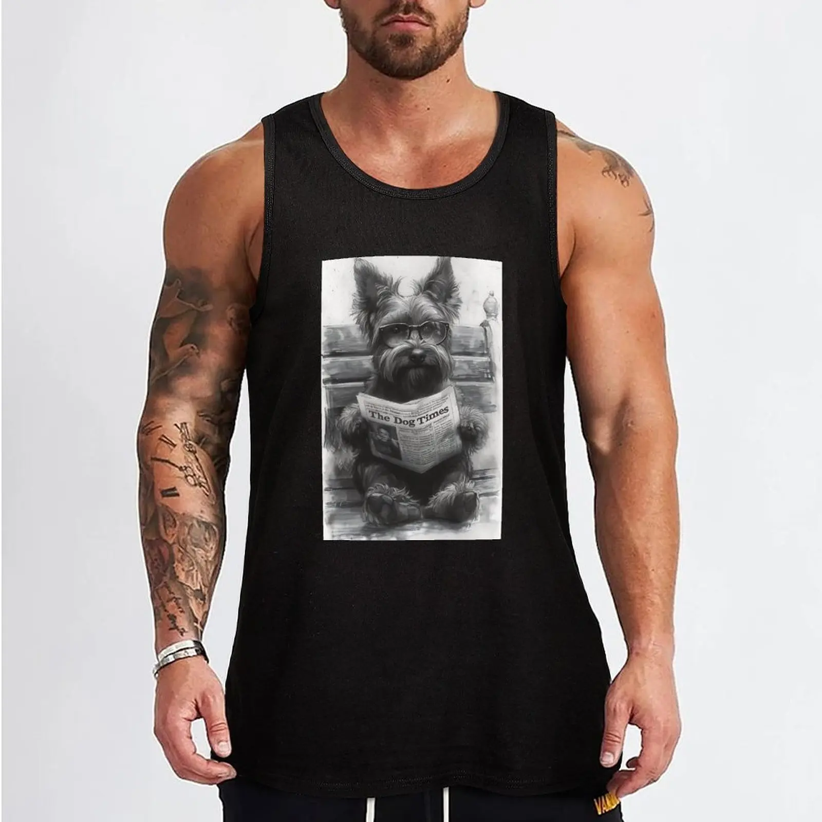 Cute puppy dog, reading newspaper on park bench Tank Top t-shirt Men's gym accessories men