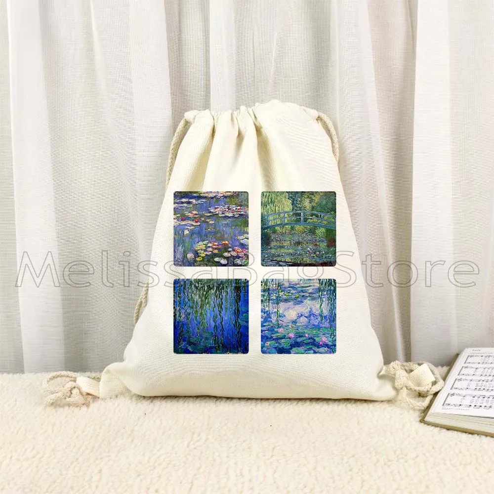 Claude Monet Water Lilies River Flowers Sunflowers Sunset Sunrise Landscape Art Painting Drawstring Bag Soccer Backpack Sackpack