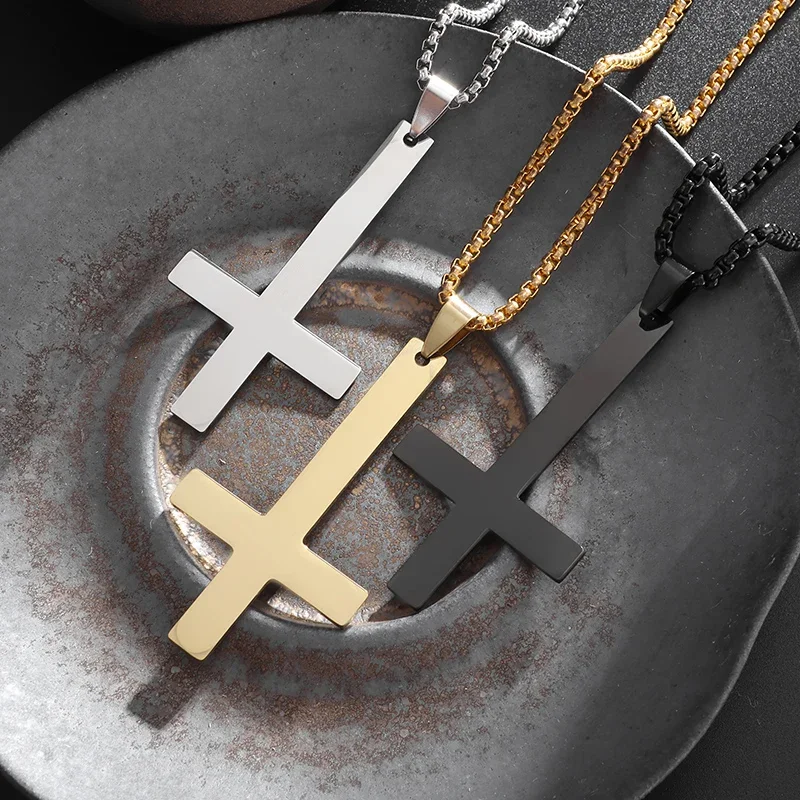 Fashion Simple Inverted Cross Necklace Pendant Stainless Steel Charm Chain Evil Satan Symbol Power Jewelry Men Women