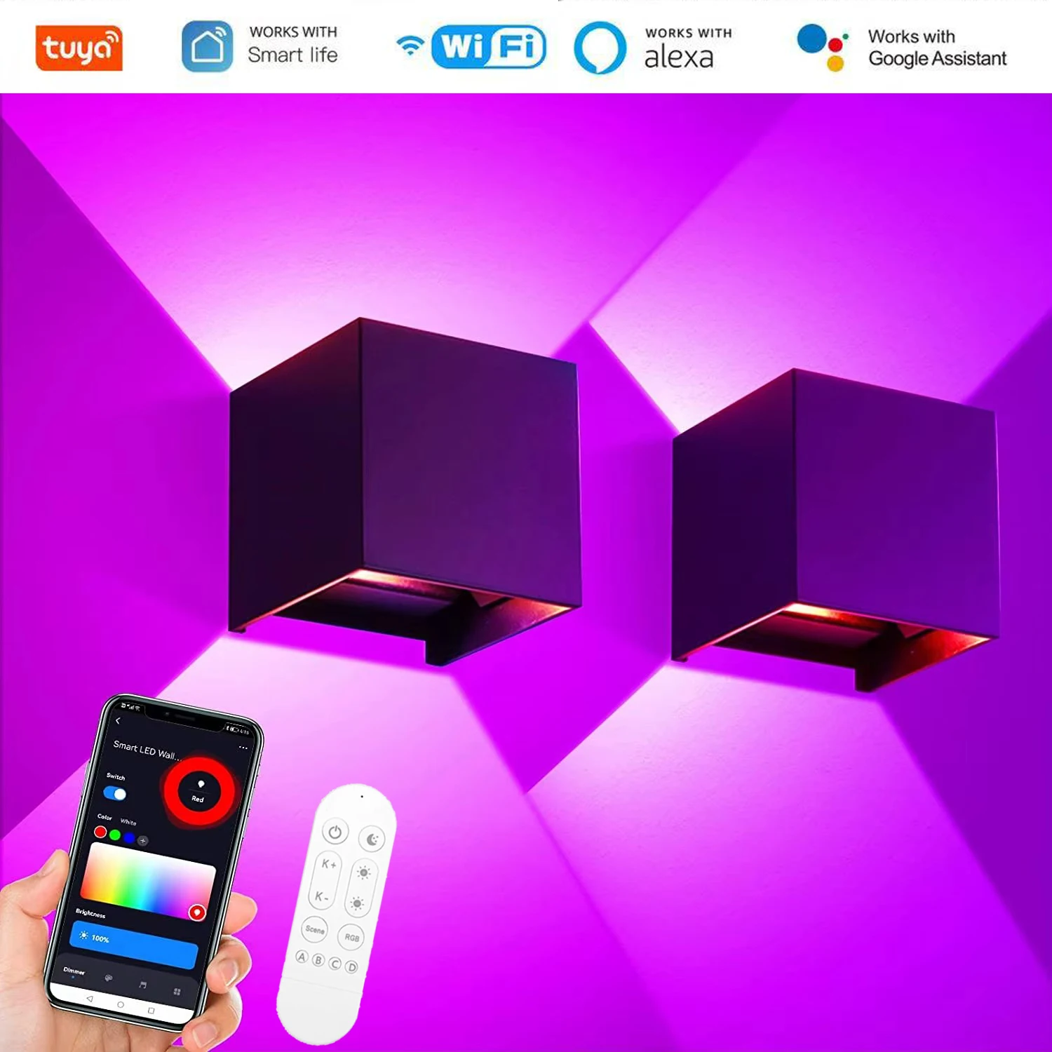 

Комплект из 2 уличных настенных светильников RGB Cube, RGB/теплый/белый светодиодный настенный светильник с регулируемой яркостью IP65, дистанционное управление через приложение для наружного/в помещении