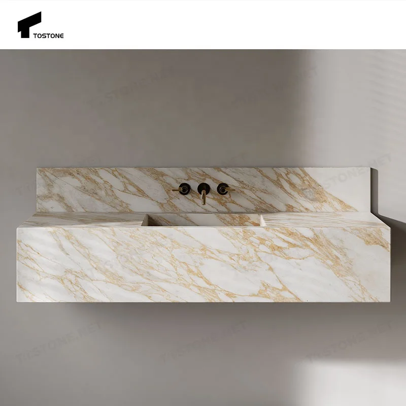 

Pedestal BasinTostone High-end Calacatta Gold Marble Wall-Mounted Sink For Modern Home Villa Hotel Bathroom Washroom Interior V
