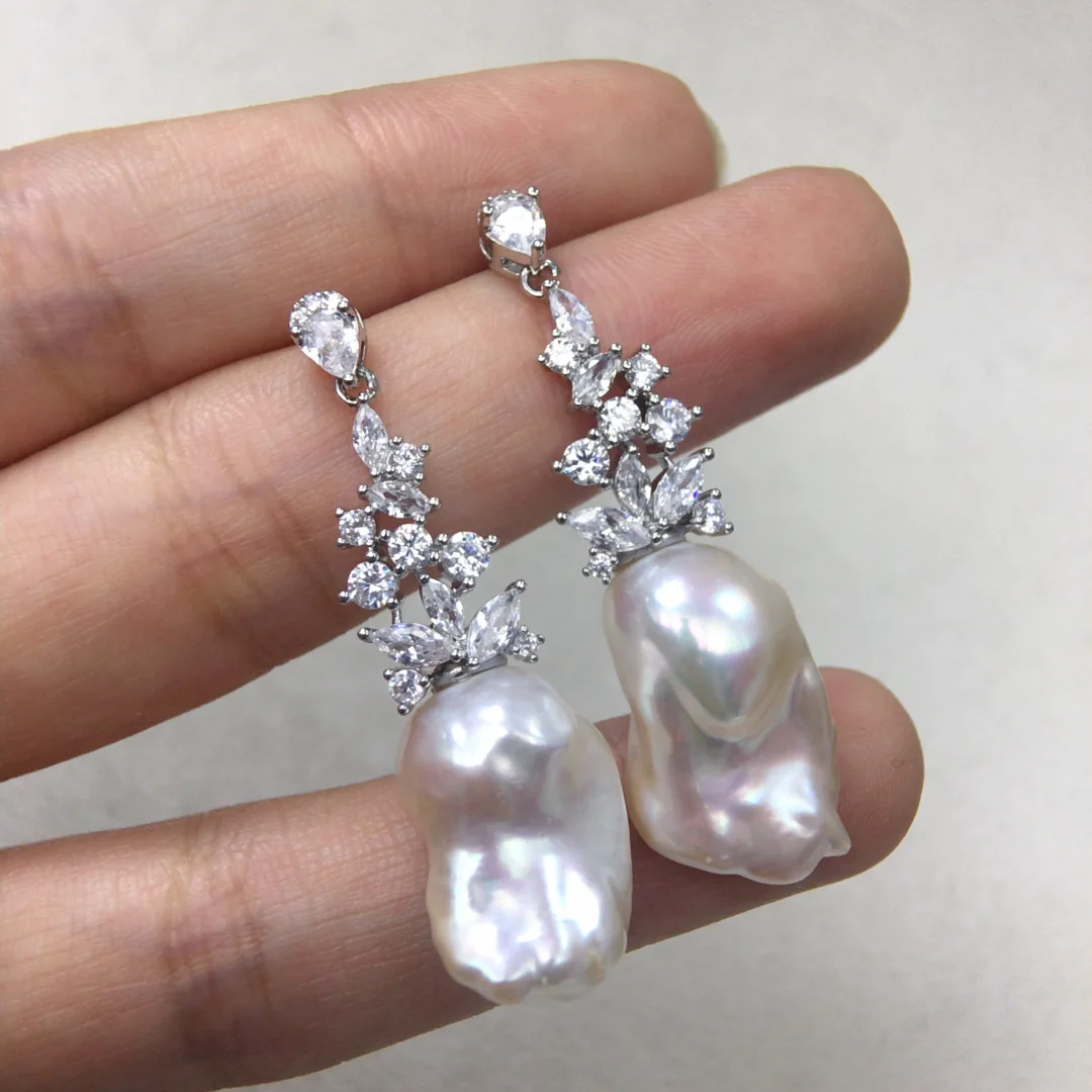 Long style temperament earrings AAA12-17mm natural pearl Baroque zircon earrings 925s