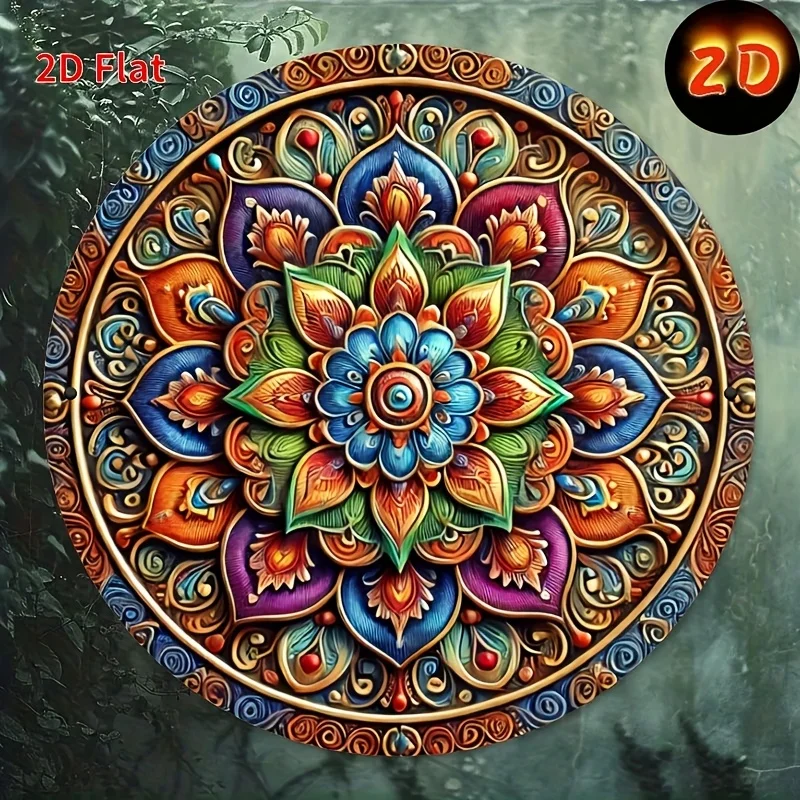 2026 Wooden Vintage Round Mandala Sign, Rustic 2D Flat Print Wall Art, Retro Bohemian Aesthetic Decor, Colorful Flower Floral