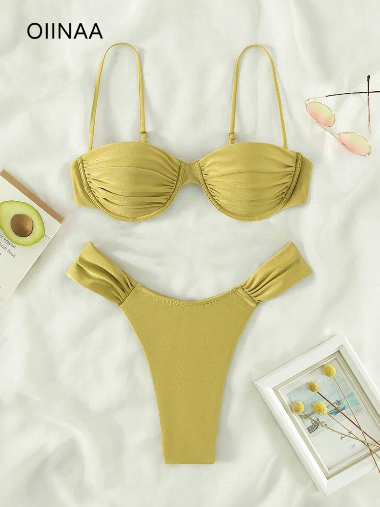 

OIINAA Bathing Suit Women Sexy Solid Swimwear Pleated Bikini Set 2024 Summer Swimsuit Two-pieces New Beachwear Female Biquinis