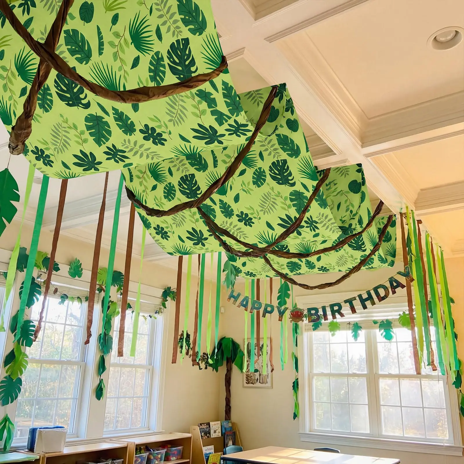 Lot de 3 guirlandes suspendues de 11 m sur le thème de la jungle, feuilles de palmier tropicales, pour fête, décoration de plafond, safari, église, salle de classe VBS