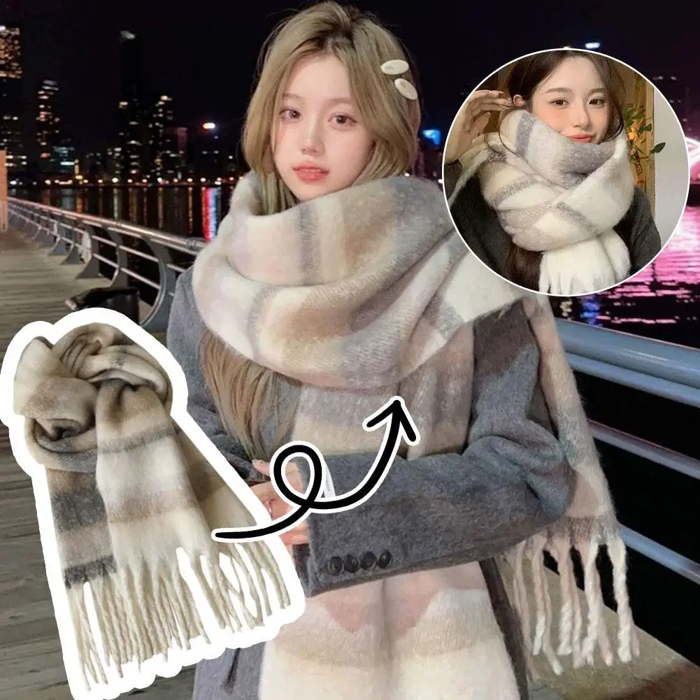 

Women's Winter Scarf Colorful Furry Tassel Large Pashmina Versatile Stripe Neck Warmer Atmosphere Sense Scarf