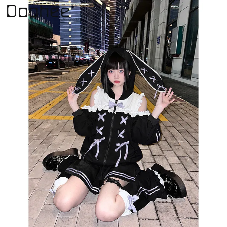 2026 Autumn New Sweet Lolita Hooded Jacket with Bunny Ears Off‑Shoulder Ruffle Bow Lace‑Up Zip Up Hoodie Coat for Women