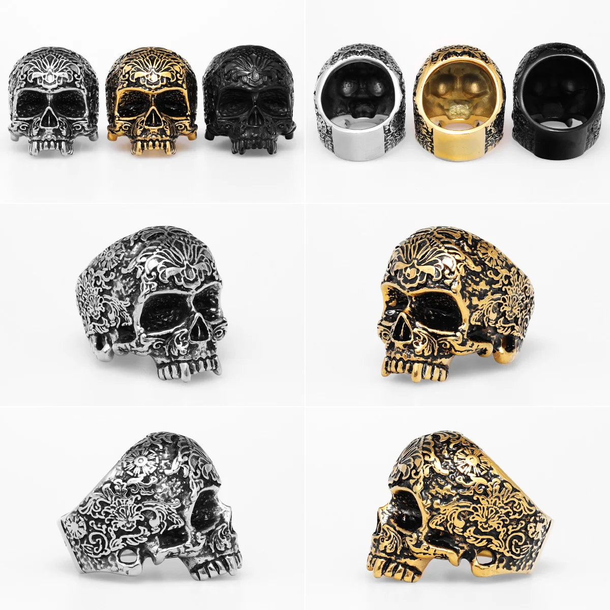 316L Stainless Steel Men Ring Skull Carved Rock HipHop Rap Luxury Golden Plated for Biker Rider Male Boyfriend Jewelry Best Gift