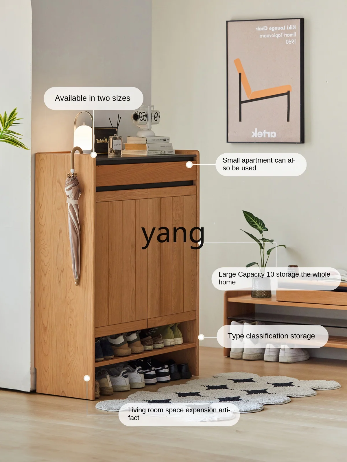 Yjq Solid Wood Shoe Cabinet Door Ultra-Thin Storage Cabinet Stone Plate Cherrywood Large Capacity Entrance Cabinet