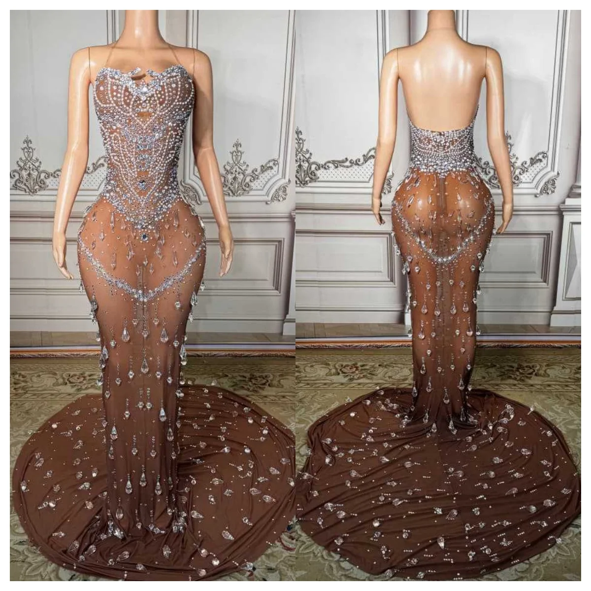 Ladies Elegant Mesh Ball Gown Heavy Industry Draped Crystal Diamond Beads Slim Fit Mermaid Evening Gown Trailing Party Dress