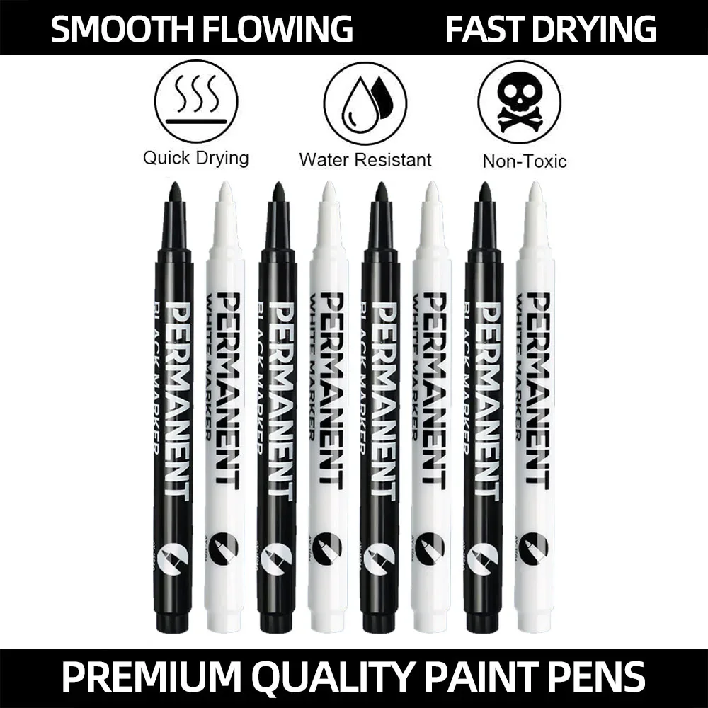 Black White Paint Pens Marker Permanent Waterproof Inks 2mm Tip For Metal Wood Canvas Fabric Plastic Tire Glass