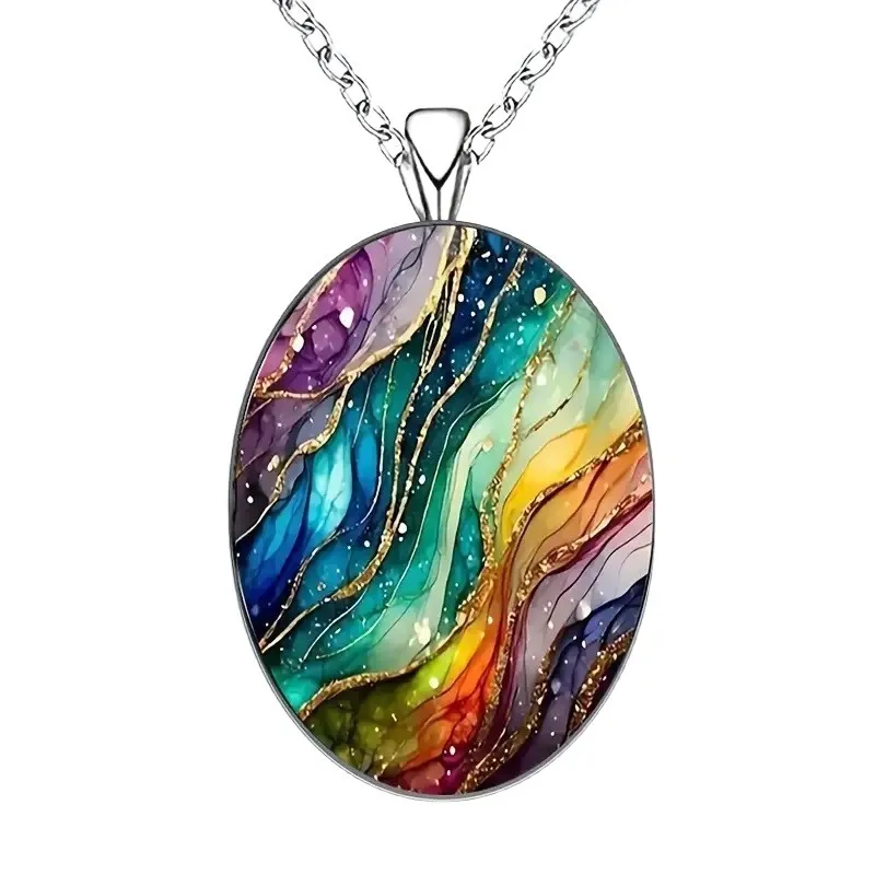 Vintage Wavy Oval Glass Pendant Necklace, Zinc Alloy Dreamy Ripple Charm, Retro Bohemian Statement Jewelry, Direct Factory Whole