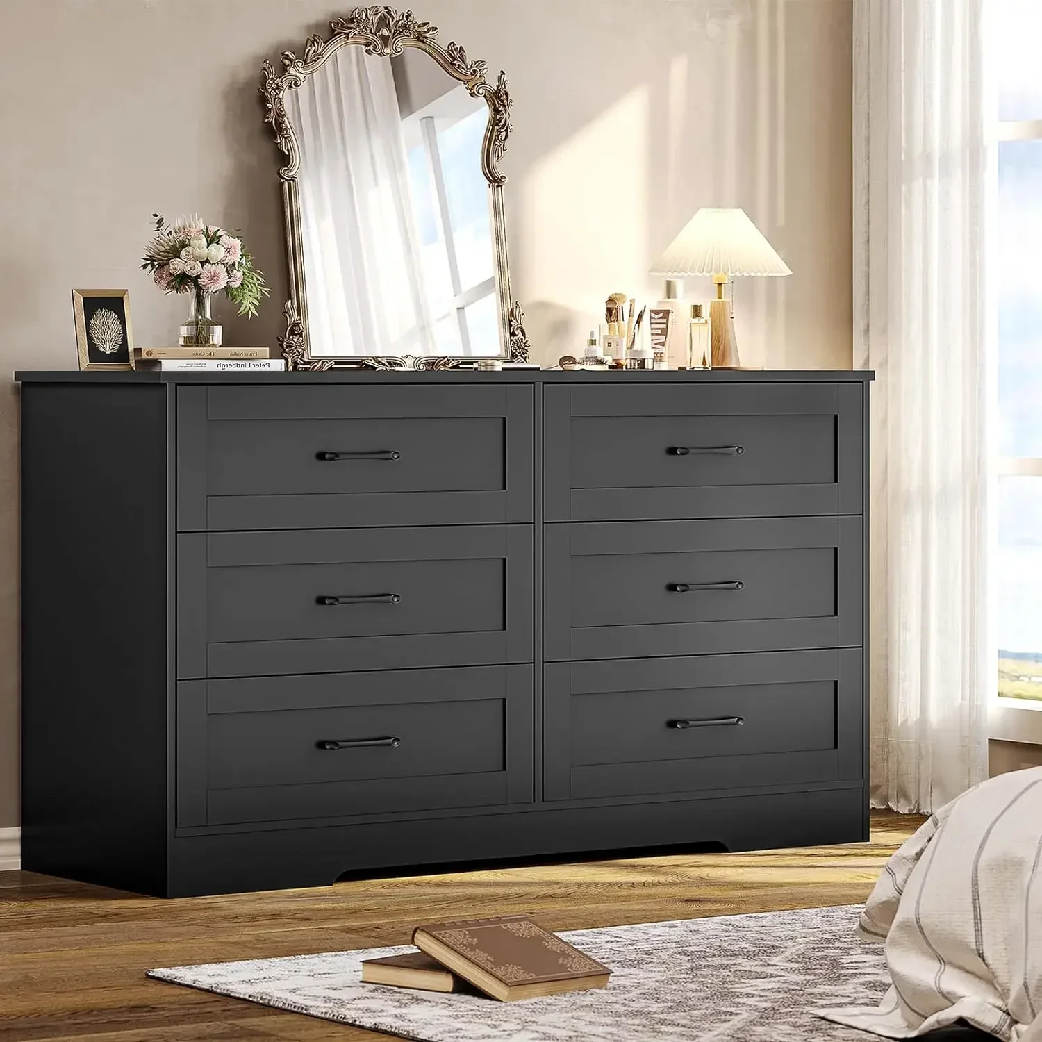 

6 Drawers Double Dresser, Wooden Chest of Drawers, Modern Large Capacity Storage Cabinet with Deep Drawers, Black Dresser