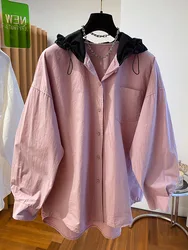 Spring Casual Shirt 2024 New Women Hooded Patchwork Shirts Fashion Long Sleeve Loose Solid Color Blouse Tops