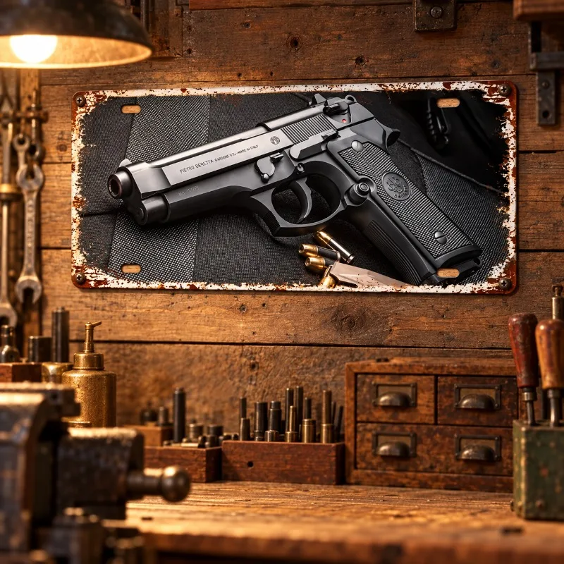 15x30cm Retro Beretta Pistol Print Metal Tin Sign Iron Painting Vintage Wall Art Decor for Gun Enthusiast Man Cave Home Bar.