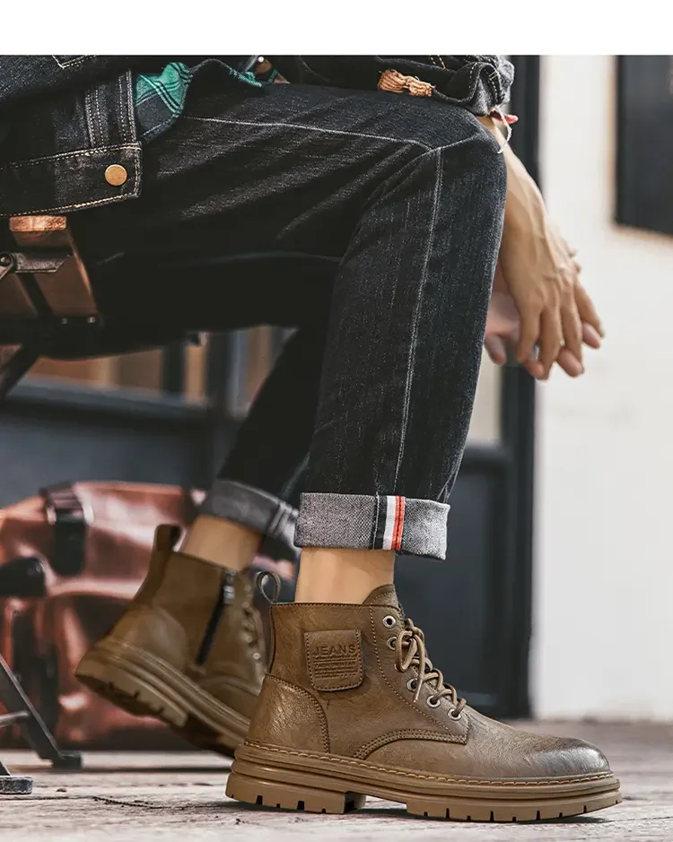 Bota alta de couro masculina, bota casual de trabalho, sola macia, antiderrapante, com renda para cima, tamanho grande, nova, outono, inverno, 2022