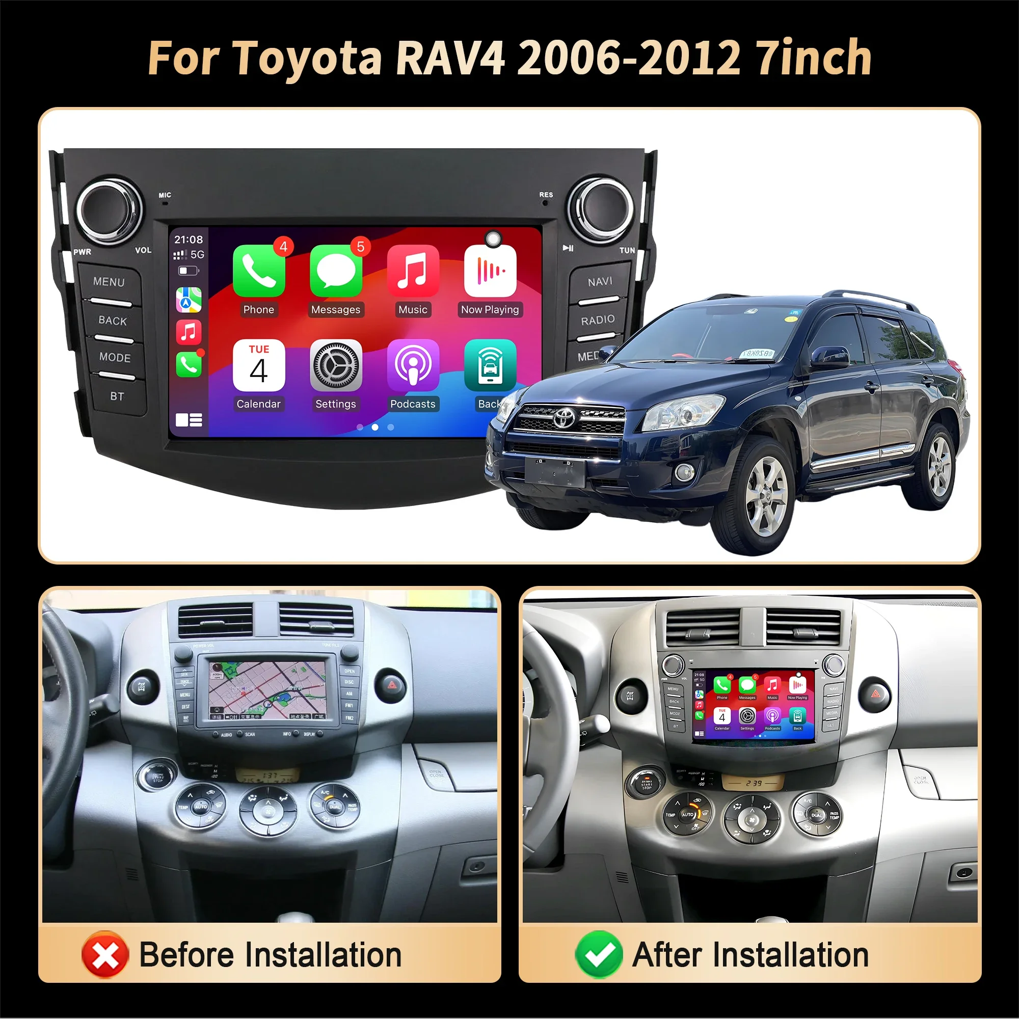 

7 inch Android 14 Car Radio For Toyota RAV4 2006 2007 2008 2009 2010 2011 2012 Wireless Bluetooth CarPlay Head Unit Screen Stere