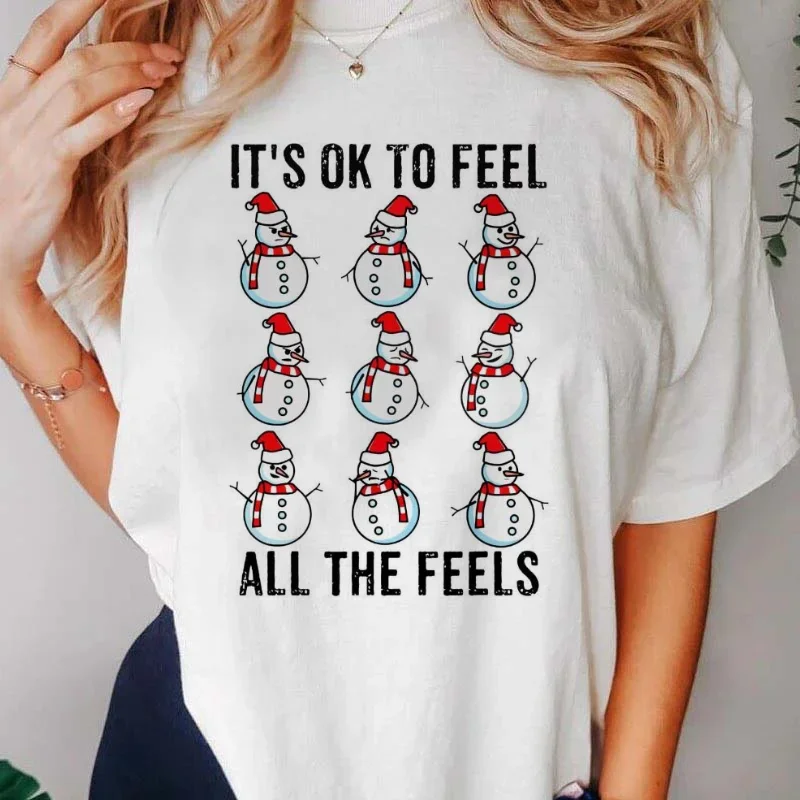 It's Okay To Feel All The Feelings Mental Health Snowman Christmas Printed T-Shirt Women's Short Sleeved Top Printed Trendy T-Sh