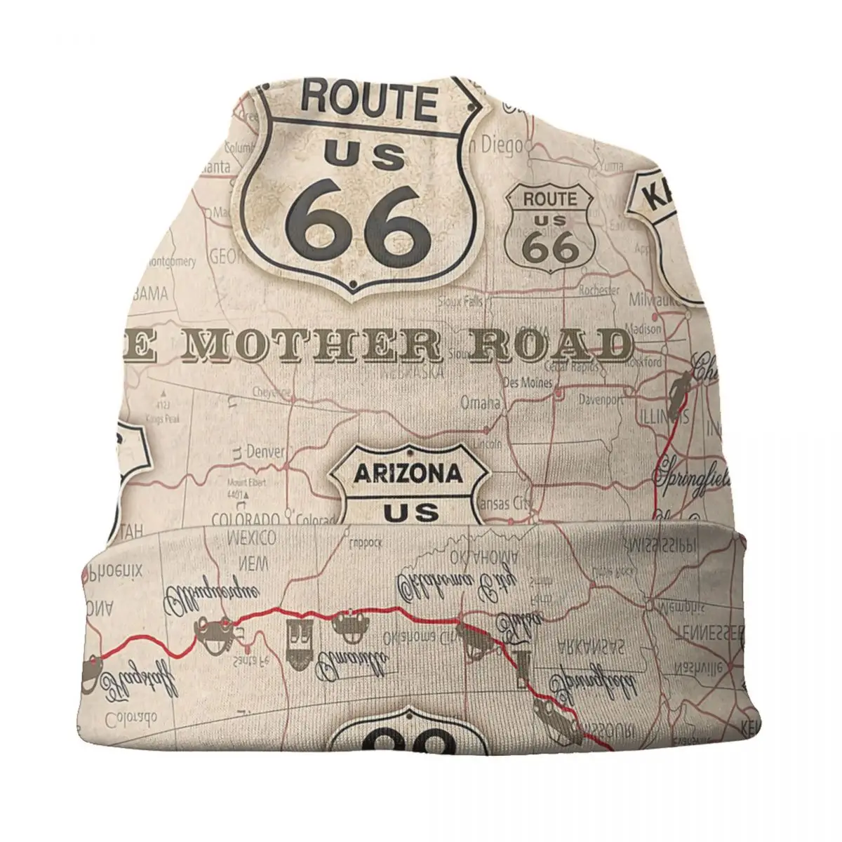 Vintage American Map Route 66 Pattern Bonnet Hats Fashion Knit Hat For Men Women Warm Winter USA Highways Skullies Beanies Caps