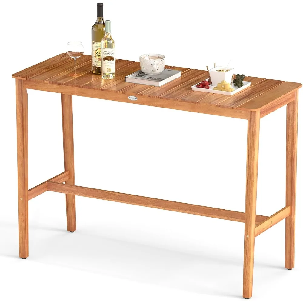 

Outdoor Bar Table, 54" x 22" Acacia Wood Counter Height Table with Slatted Tabletop and Adjustable Feet, Rectangular High Top Di
