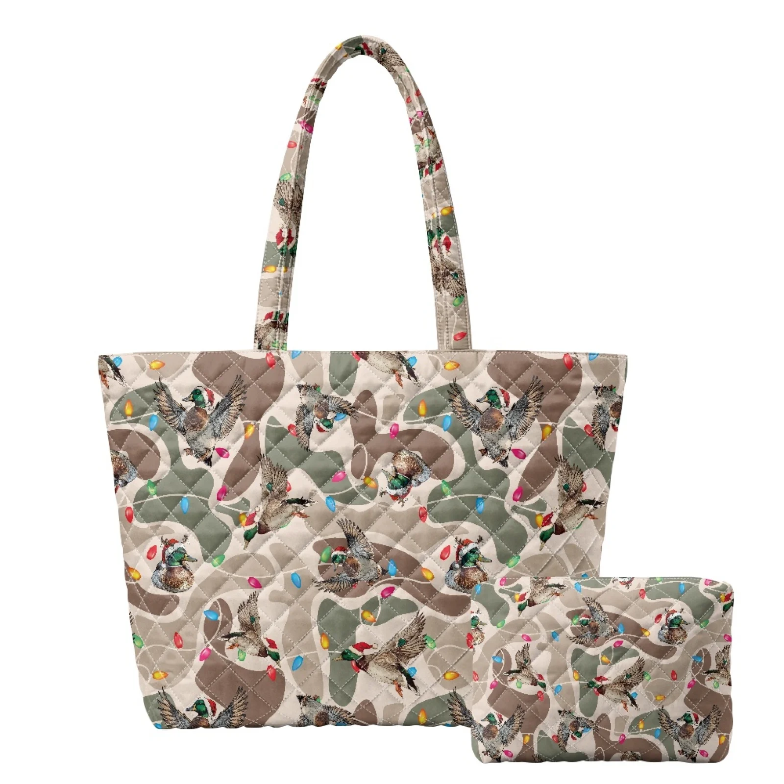 Coloranimal Christmas 2 Piece Quilted Tote Handbag Set with Ducks Pattern, Waterproof Shoulder Bag with Cosmetic Bag