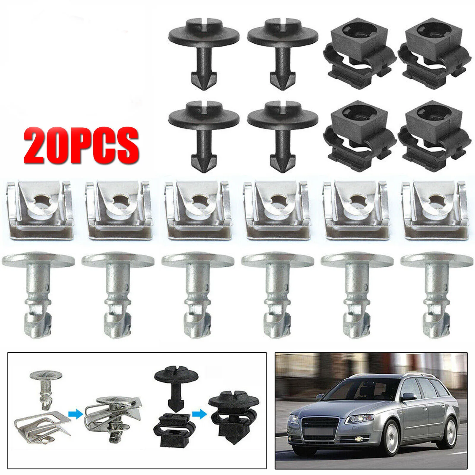20Pcs /Set Engine Hood Screw Set ENGINE UNDERTRAY UNDER COVER CLIPS FITTING KIT For Audi A4 A6 A8 TT Car Accessorry