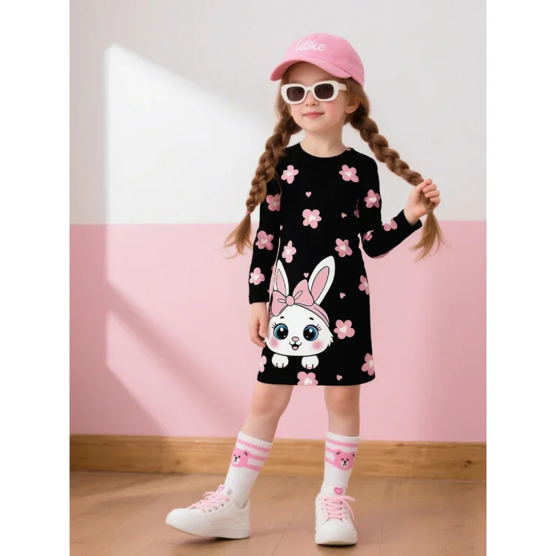 Vêtements pour enfants à la mode, best-seller, robe décontractée à manches longues, lapin de dessin animé mignon et imprimé Floral, nouvelle robe pour filles, 2025