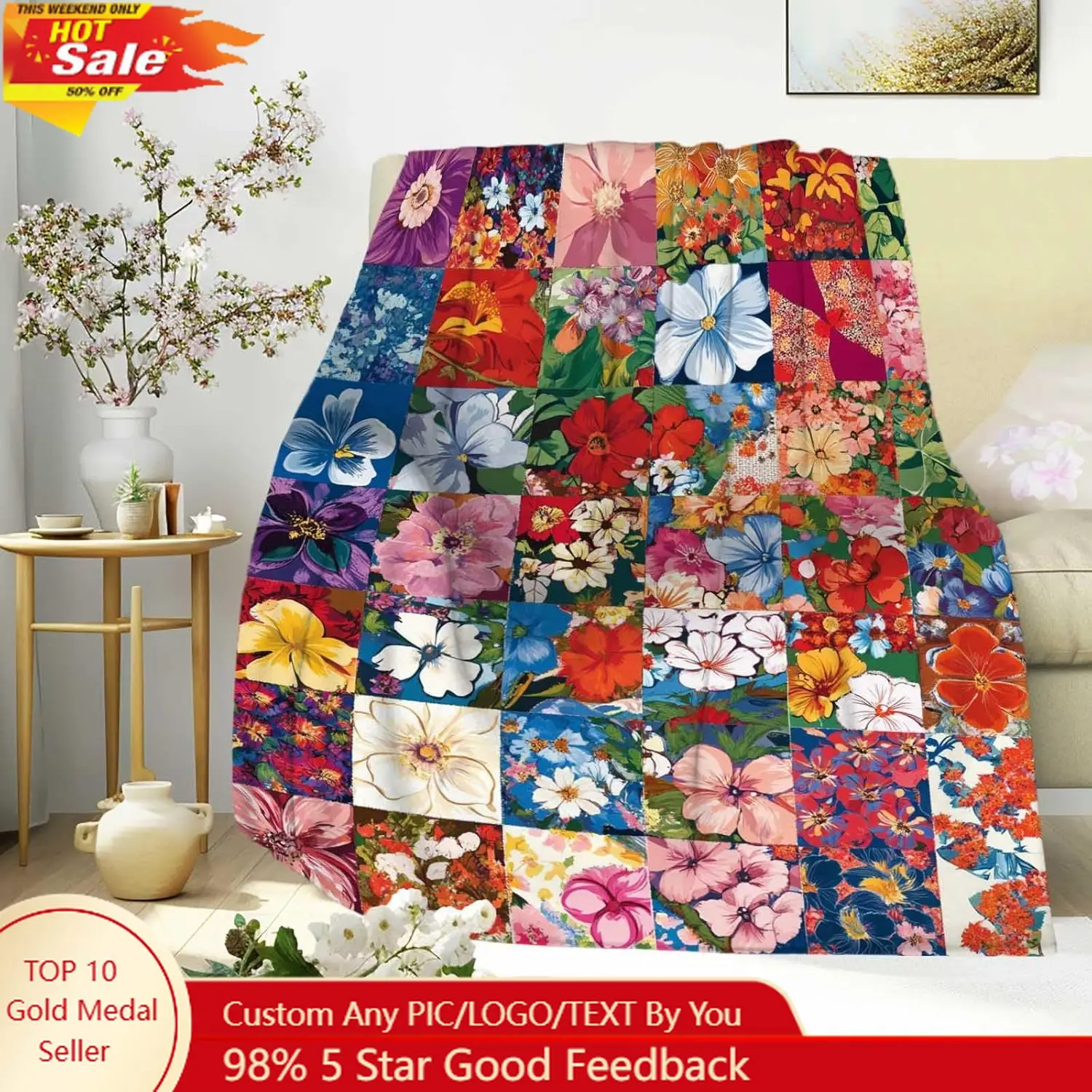 

Adorable Floral Printed Patchwork Throw Blanket Cozy Soft Blanket with Colorful Floral Design for Children Custom blankets