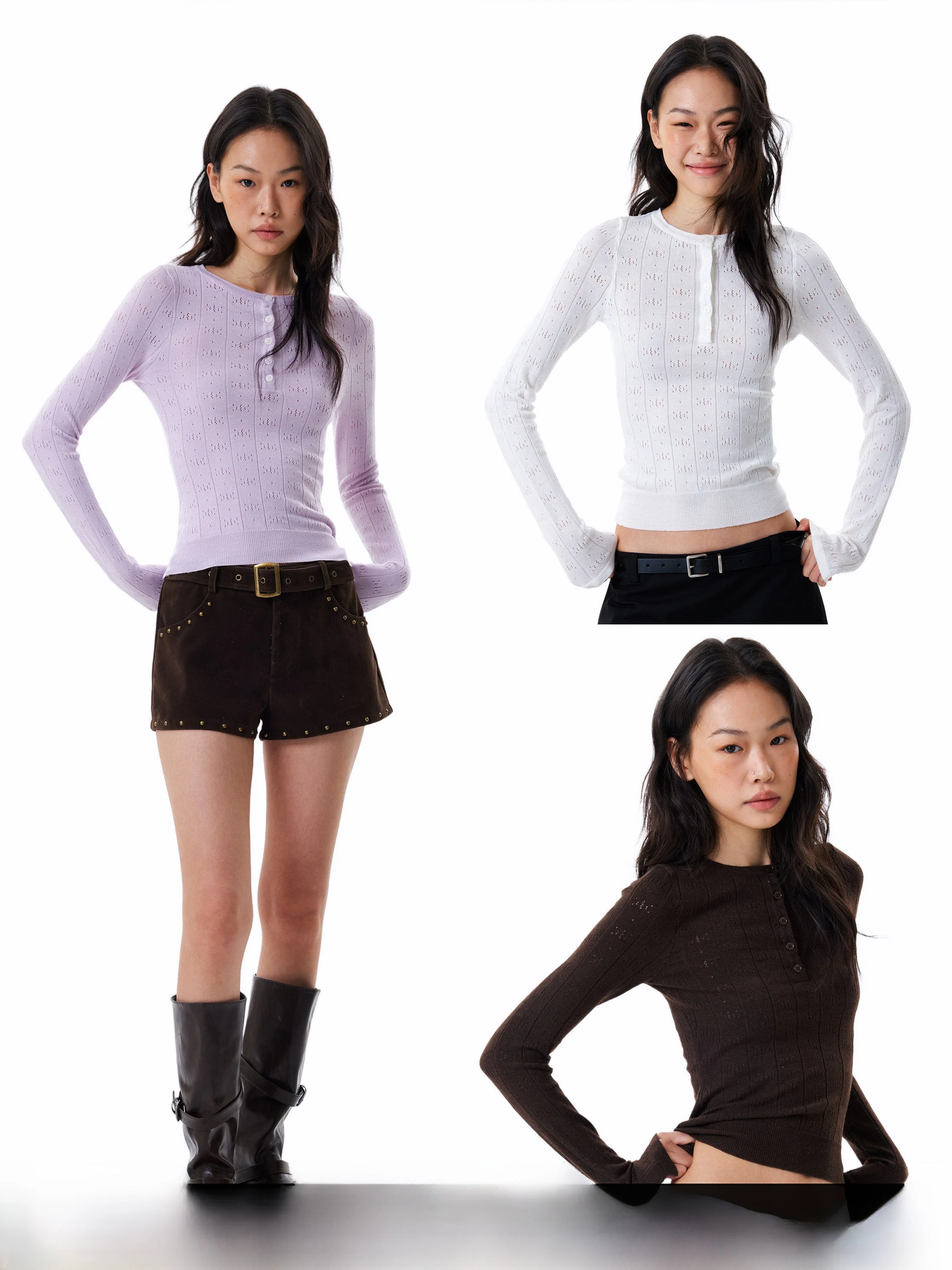 GoGo Burn Purple Henry Collar Long Sleeve Knitted Base T-Shirt Women's Autumn Hollow out Design Slim Fit Casual Style Top