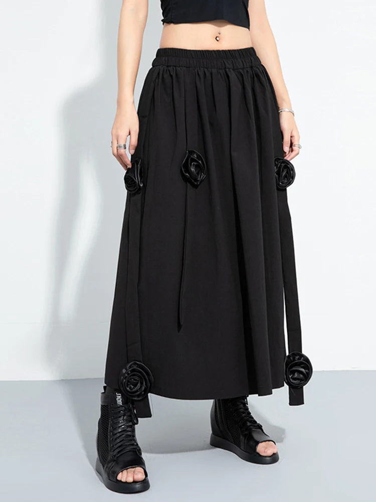 [EAM] High Elastic Waist Black Flower Ribbons Big Hem A-line Half-body Skirt Women Fashion Tide New Spring Autumn 2024 1DH5979