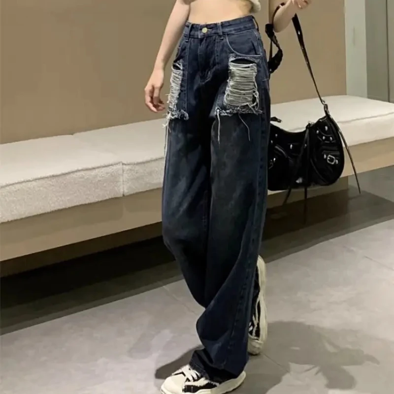 Denim Pants for Women Vintage Womens Ripped Jeans With Holes Trousers Straight Leg Grunge Y2k Korean Fashion R Luxury Designer Z