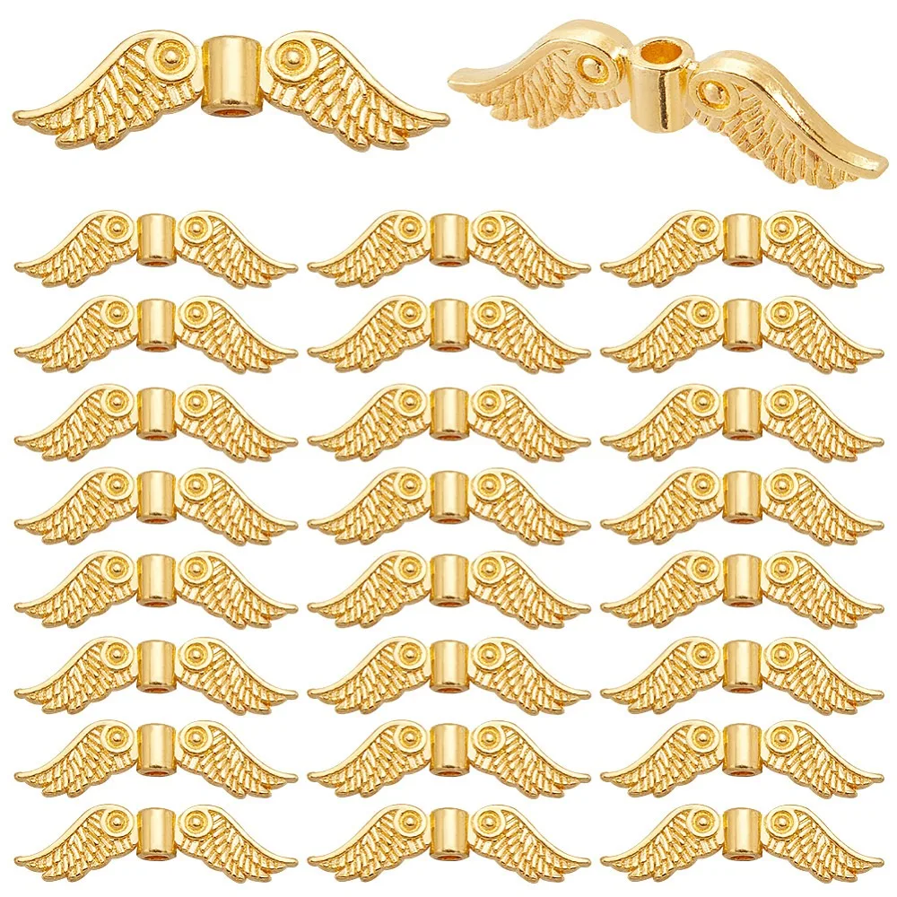 200Pcs Style Alloy Beads Lead Free Cadmium Free Wing Golden 6.5x22.5x3mm Hole: 1.5mm