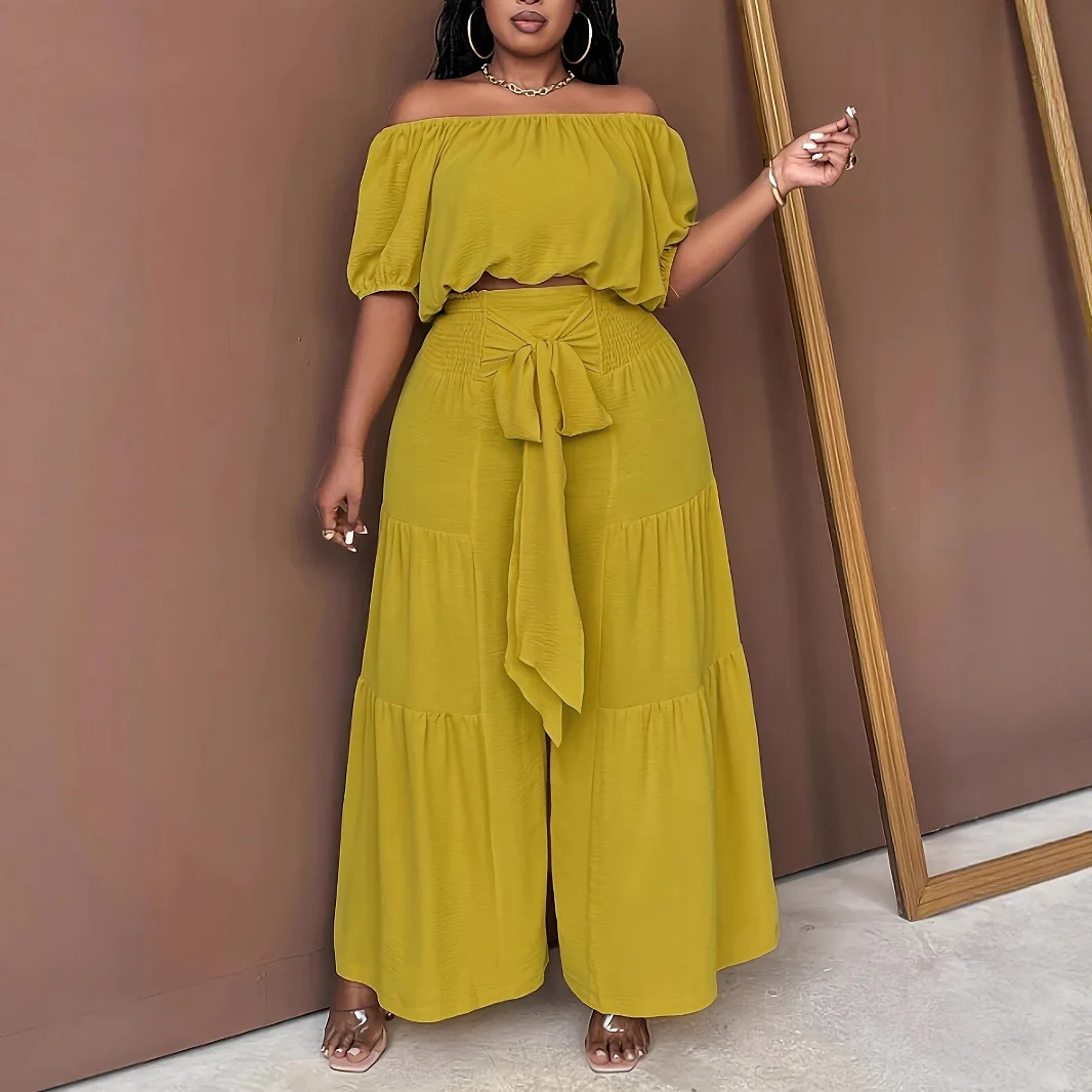 Summer Fashion Casual Plus Size Set With Lace Trim Bubble Sleeve Top And Loose Wide Leg Pants Women's Clothing Ensemble