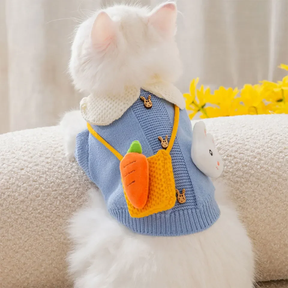 Cat Sweater Cute Rabbit Pocket Carrot Autumn Winter Cat Costume Cartoon Knitting Clothing Pet Pullover Warm Pet Clothes For Dog