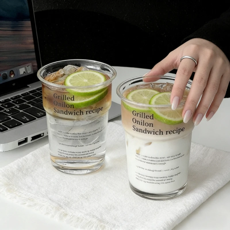 New Reverse Mouth Clear Glass Cup High End Letter Coffee Cups Large Capacity Cold Drink Juice Milk Cup for Home Office Daily Use