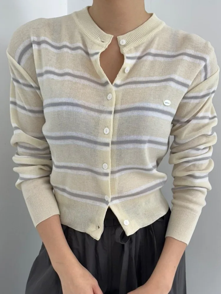 

Slimming Effect Light Weight Long Sve Knitted Sweater for Women Single Button Cardigan Trendy Autumn Outerwear